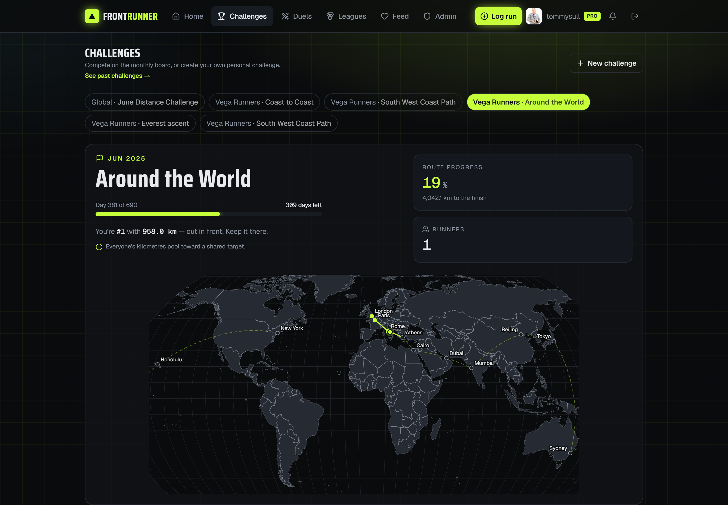 FrontRunner Around the World route challenge on a live world map