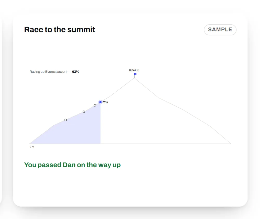 An elevation race up Everest: four runners on the mountain's silhouette, you ahead of Dan at 5,600 metres.