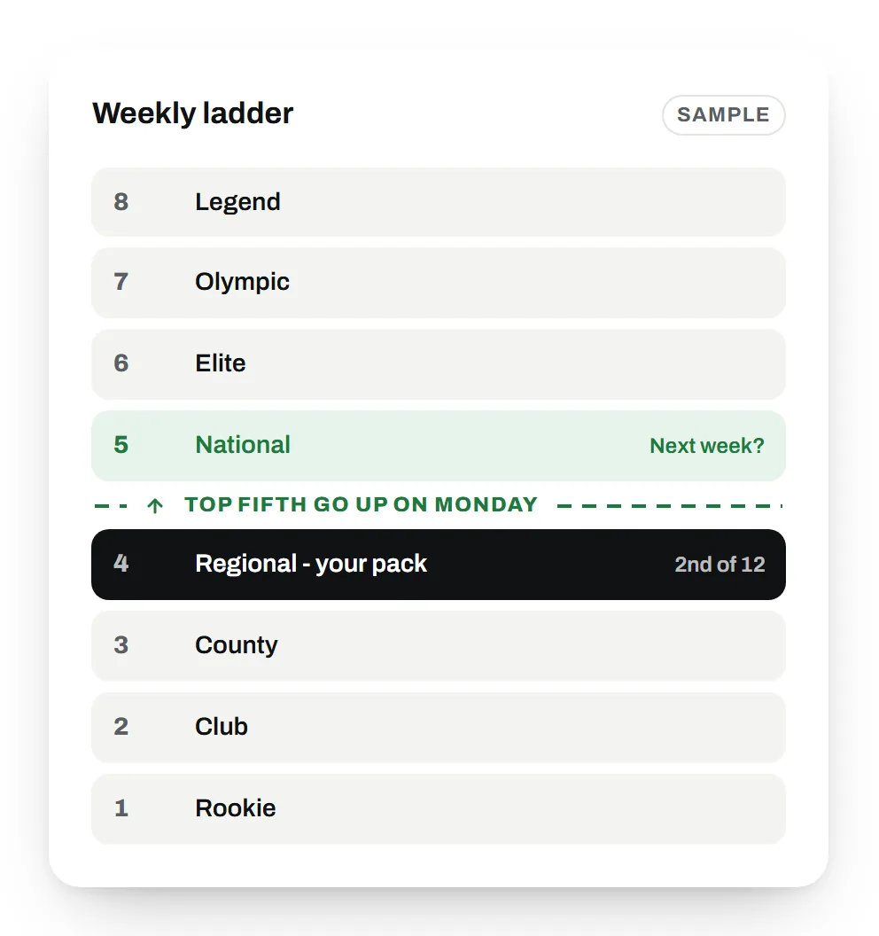 The weekly ladder: eight tiers from Rookie to Legend, your pack in Regional, one place below the promotion line.